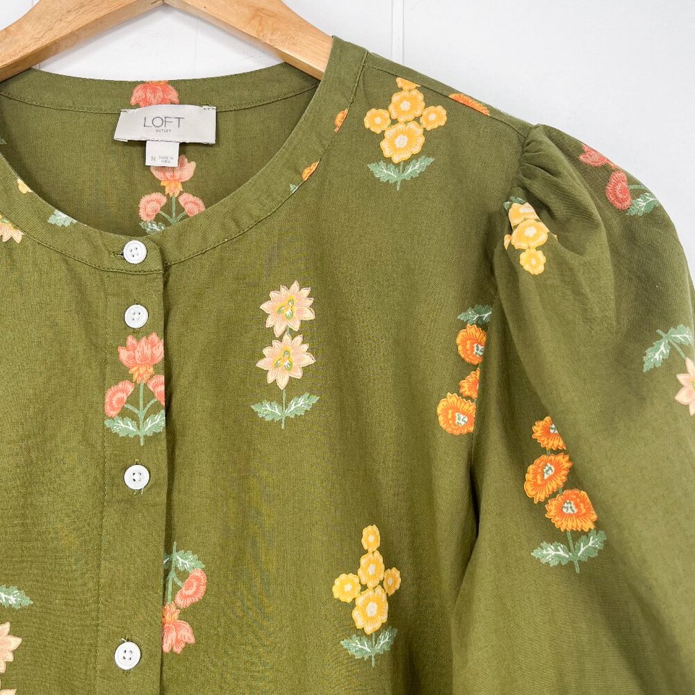 Loft Outlet Floral Button Down Blouse Balloon Sleeve Fall Boho Size Medium Green - Picture 2 of 15